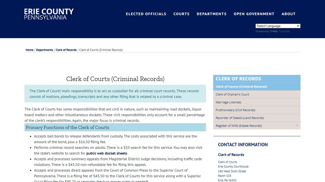 Clerk of Courts (Criminal Records) | Erie County, PA